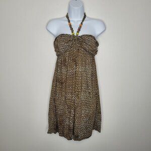 Santiki blue brown beaded halter vacation babydoll short mini dress size large